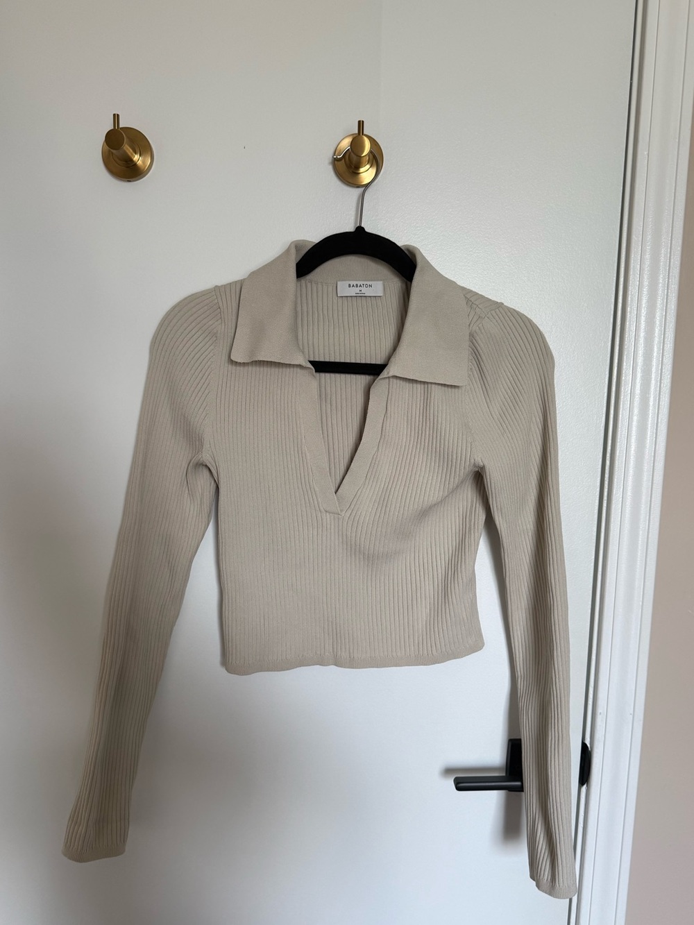 Babaton Neutral Beige Ribbed Long-Sleeve Polo Top